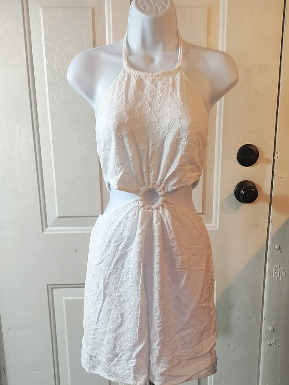 White Eyelet Cutout Halter Mini Dress - Picture 2 of 12